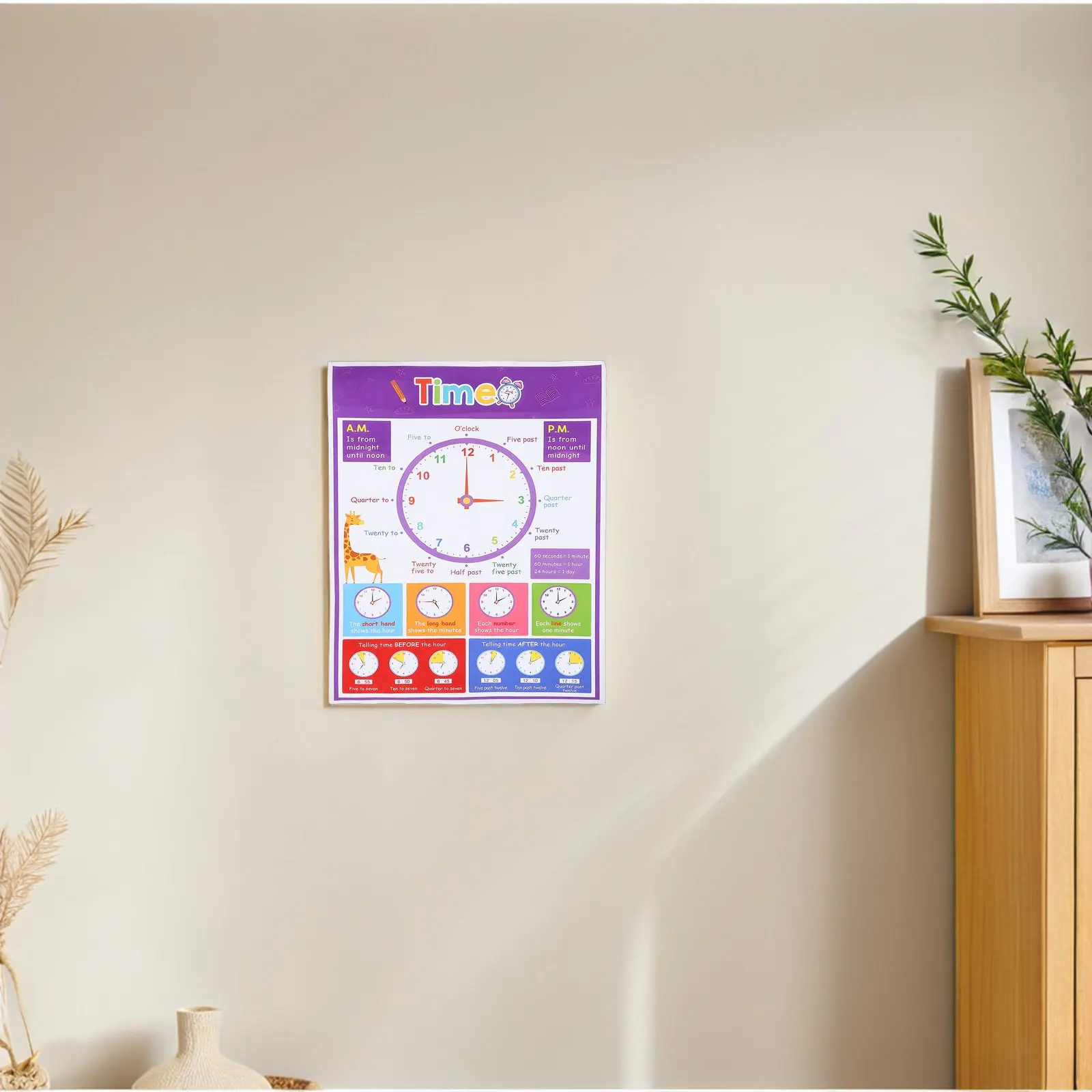 Time Teaching Poster for Kids Educational Wall Chart 40x50cm Parent Child Learning Aid Analog Clock Classroom Preschool Time