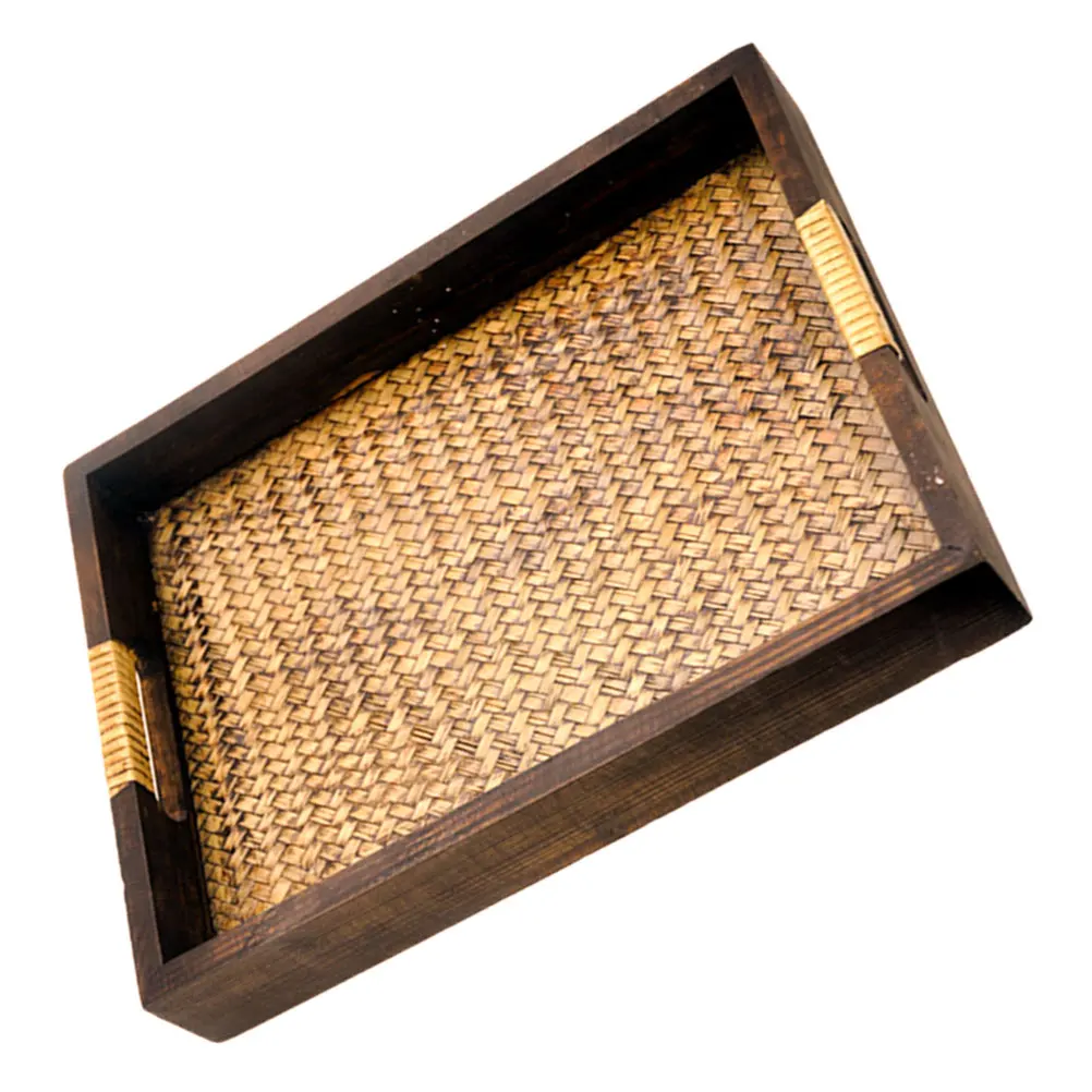 

Rustic Wooden Serving Tray Bamboo Weaving Tea Tray Coffee Table SPA Salon Handmade Solid Wood Frame Clear Grain Storage