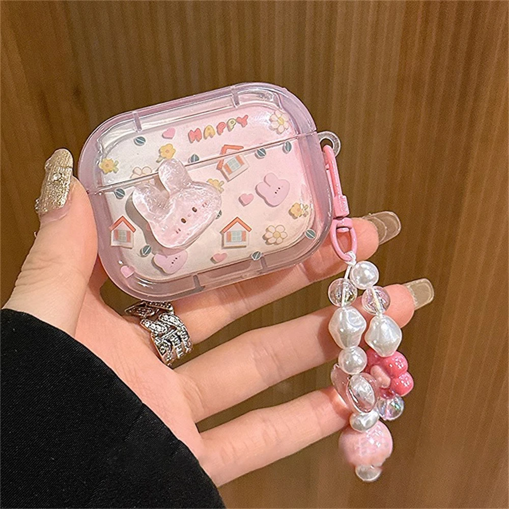 Cute 3D Rabbit Headphones Case For AirPods 1 2 3 With Love Heart Beads Pendant Protective Shell Soft Cover For AirPods Pro 2