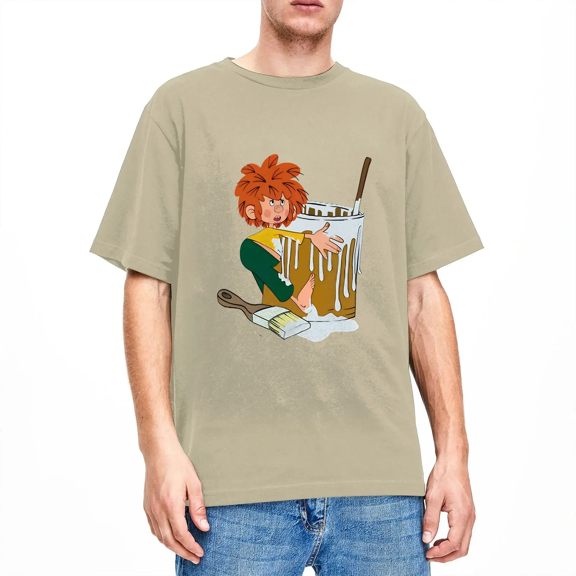 Funny Pumuckl painting the house  T Shirt Men 100%Cotton Short Sleeve  Round Neck Summer Tops Shirts