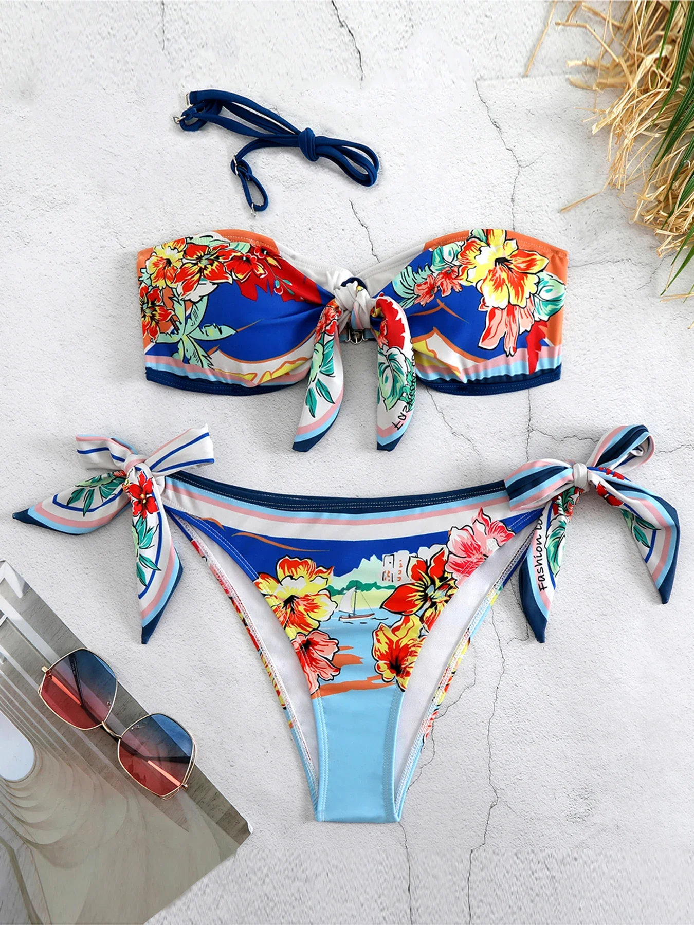 Sexy Two Piece Off Shoulder Bikini Set Women`s Suit Swimwear Separate Swimsuit 2024 Trend Print Floral Beach Suit Swimming Trunk