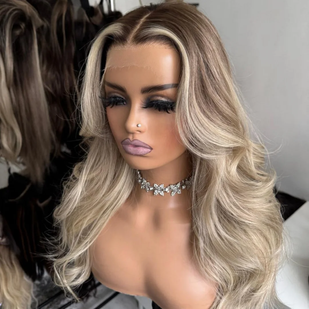 باروكات صناعية بدون صمغ، شعر مستعار صناعي مموج من الدانتيل مع جذور داكنة، تسليط الضوء على مظهر أشقر فاتح، شعر مستعار فوتورا يوميًا