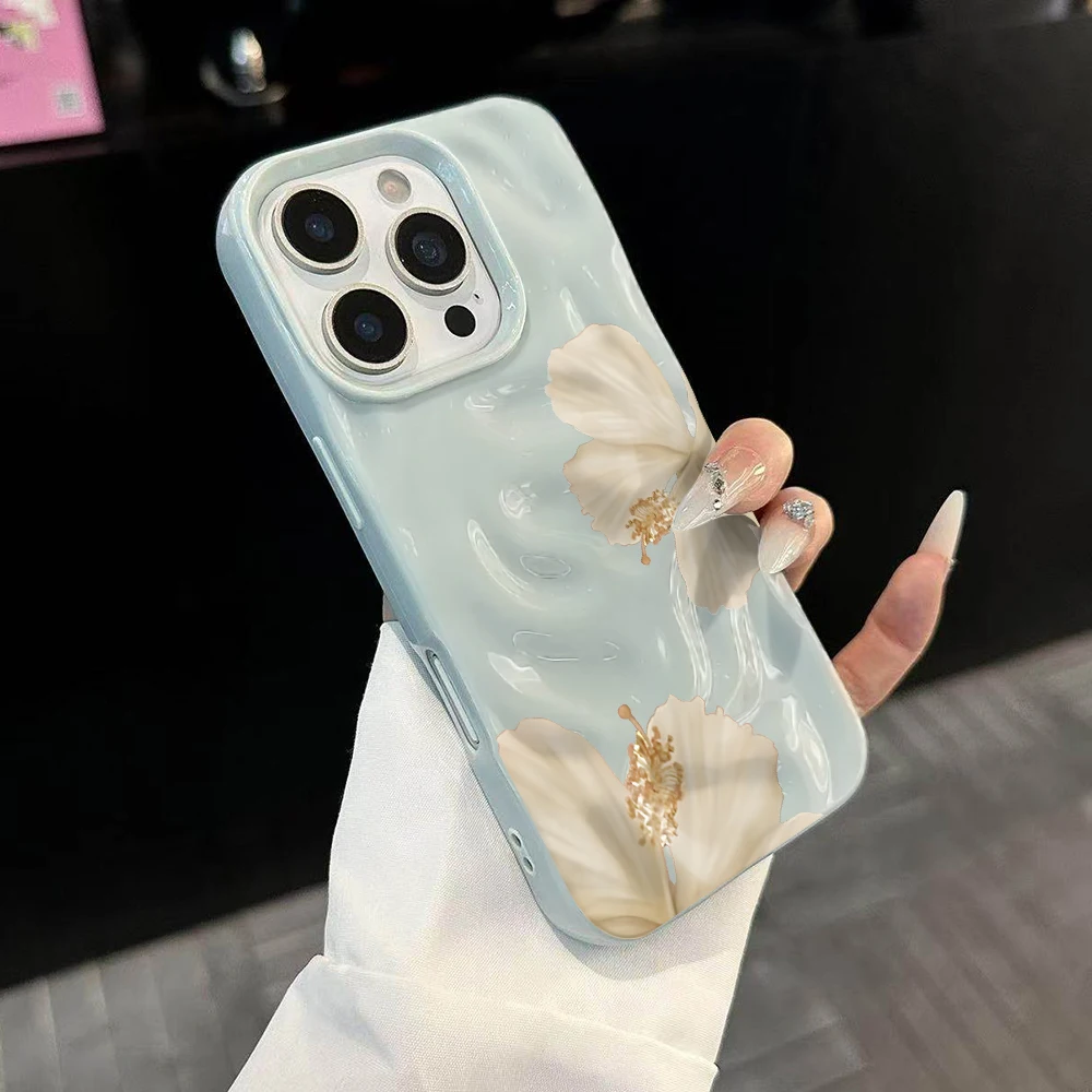 Koreanische Frühlings-Hibiskus-Druck-Handyhülle für iPhone 17 16 15 14 13 12 11 Pro Max 14 Plus 17Air Falten-Wellen-Soft-Silikon-Cover – Detail 2