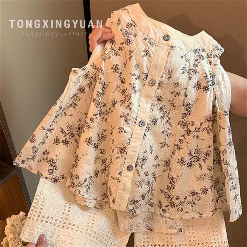 Girls Sets Floral Sleeveless Shirt Solid Loose Pants Summer New China-Chic Children Clothes Chinese Style Suit Two Piece Set