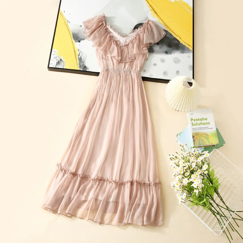 

Birdsky, 1PC Women vest dress ruffles shoulder elastic waist 100% real mulberry silk chiffon, S-778