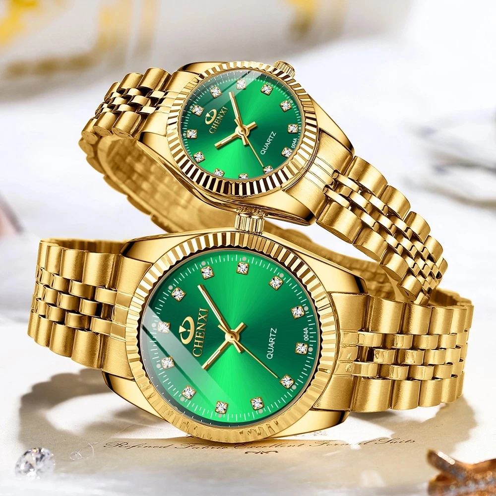 Chenxi 004a Paar Quartz Horloge Goud Mode Luxe Roestvrij Staal Klok Casual Waterdichte Klok Mannen Vrouwen Blauwe Polshorloges