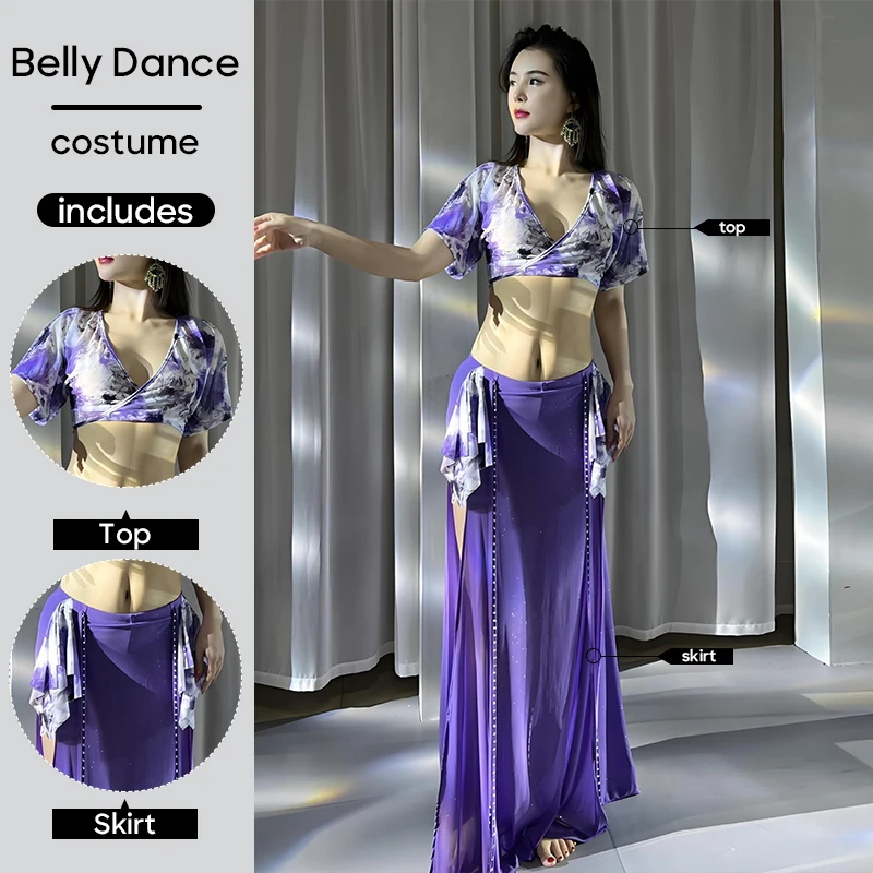 

Belly Dance Costumes Top and Skirt 2 Pcs Set Summer Printed Mesh For Adult Women Stage Performance Worksuit Practice Clothes