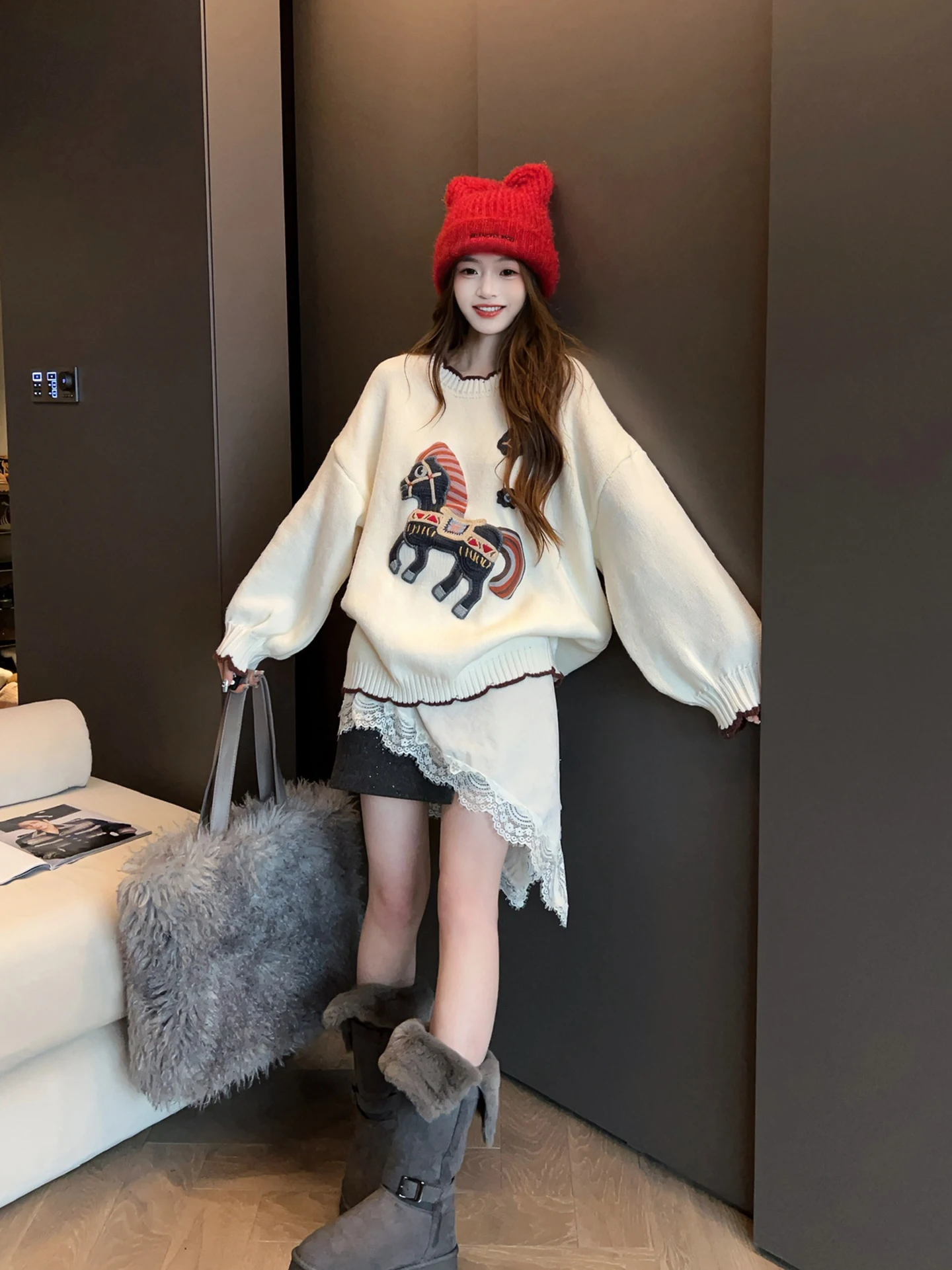 

Модный винтажный свободный женский свитер-пуловер на осень-зиму, универсальный, стройнящий, в стиле «ленивый шик» MRS AO