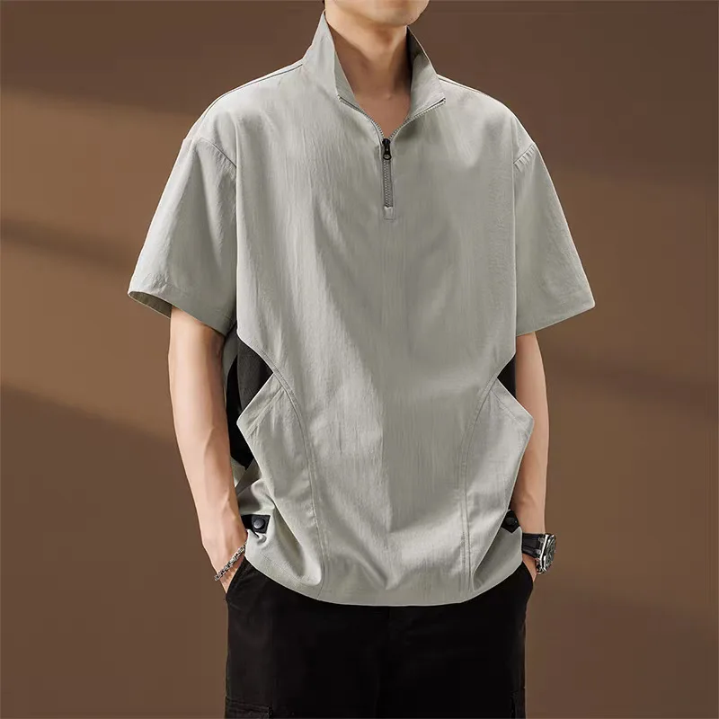 Side Pocket Five Quarter Short Sleeved T-shirt Men's Stand Up Collar Half Zipper Summer Thin Casual Design