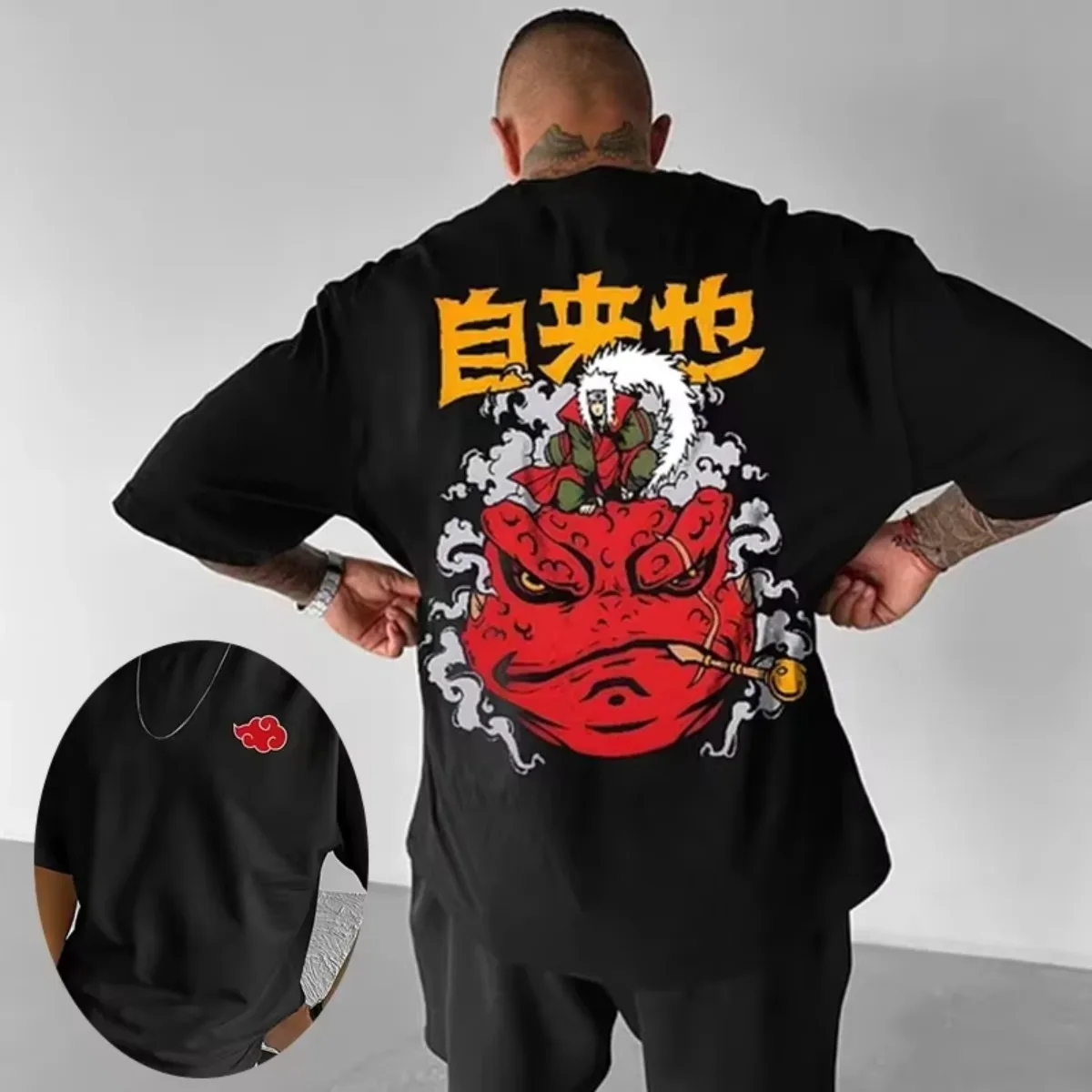 ナルト 2025 新作 ジライヤ アニメ Tシャツ ブラック コットン ティー レッド トード グラフィック プリント 暁雲 シンボル メンズ ストリートウェア カジュアル