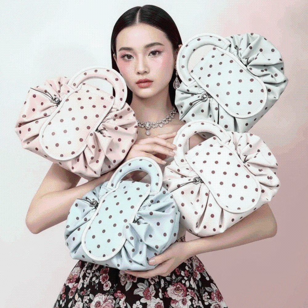 Waterproof Drawstring Makeup Pouch Foldable Washable Lazy Travel Organizer Patterned Spacious Polka Dot Cosmetic Bag Travel