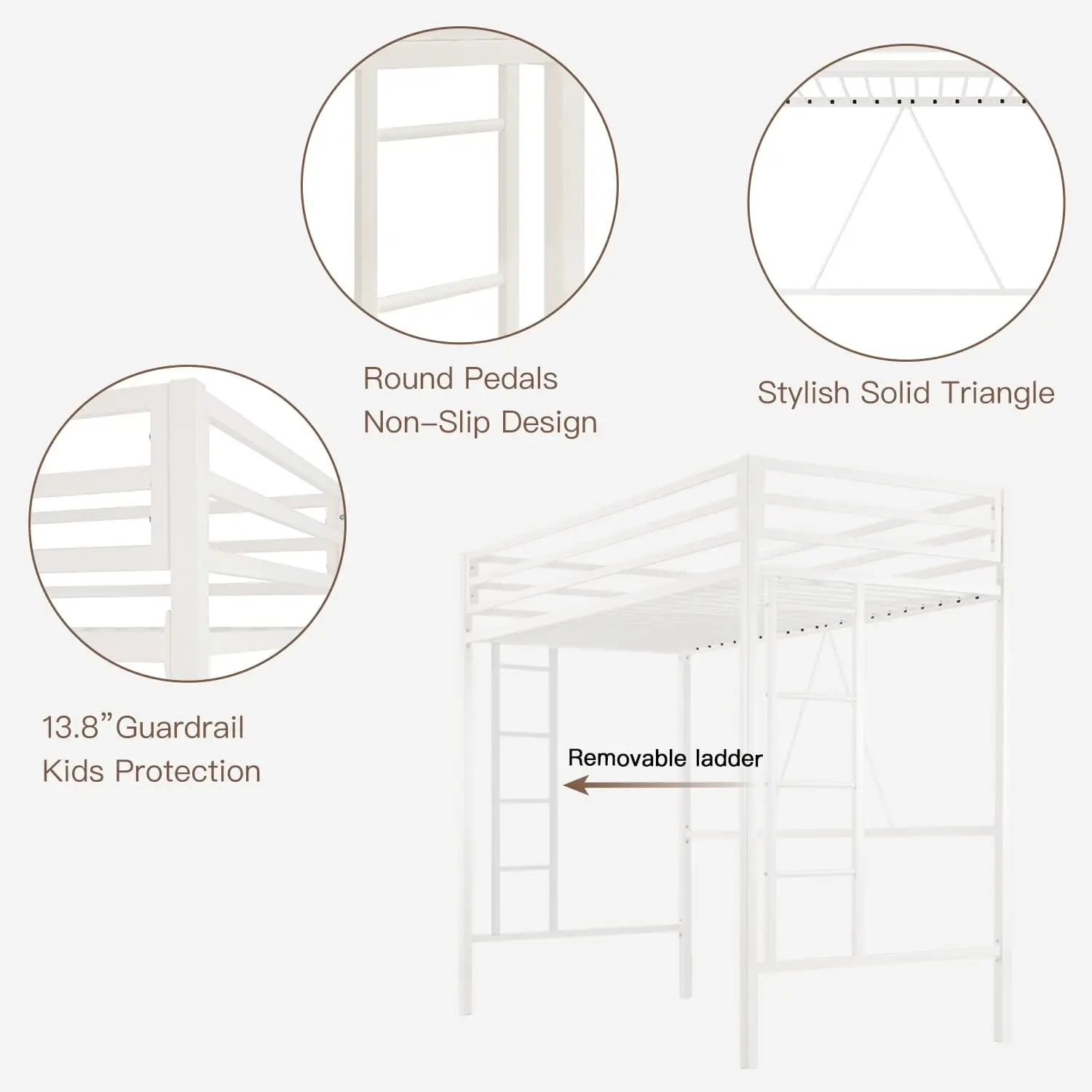 Twin Size Loft Bed, Multifunctional Metal Twin Bed with Safety Guard& Removable Ladder, Space-Saving Bed Frame for Small Bedroom