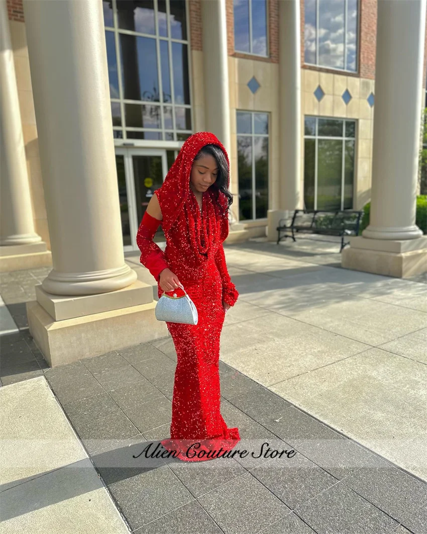 Abiti da ballo rossi Glitter 2025 con mantello due guanti con scollo a v paillettes abito da festa formale festa di ricevimento di nozze personalizzata