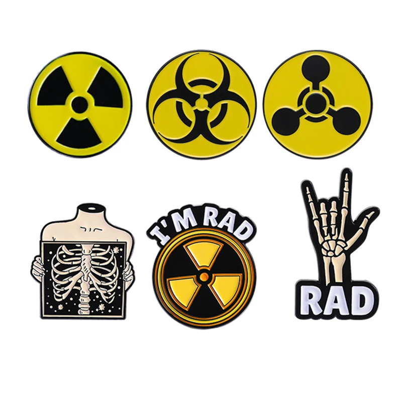 

Hazard Warning Radiation Enamel Pins Custom Skeleton Hand I'm Rad Brooches Lapel Badge Backpack Creative Jewelry Gift for Friend