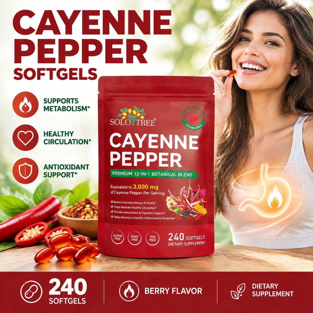 SoloTree Cayenne Pepper Softgels Beauty & Skincare Anti Fatigue Bone Protection with Black Pepper & Grape Seed Oil 240 Spftgels
