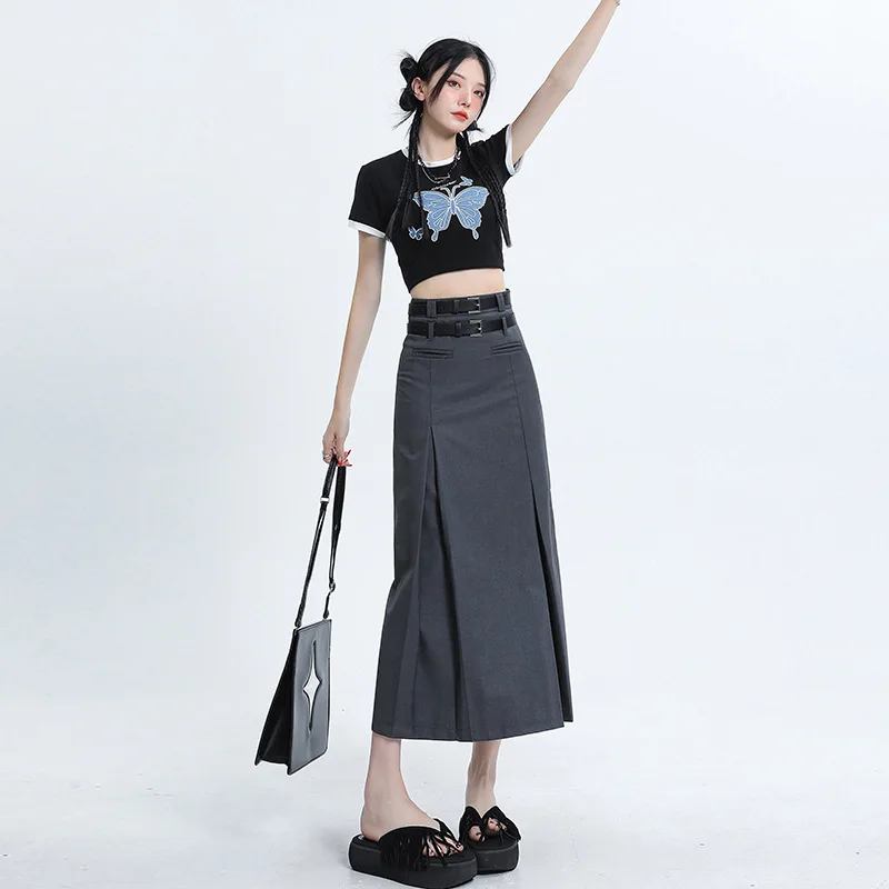 Fashion Casual Grey Suit A-Line Skirt Women 2024 Autumn High-Waisted Slimming Double Belt Temperament Midi Skirt Simplicity Tide