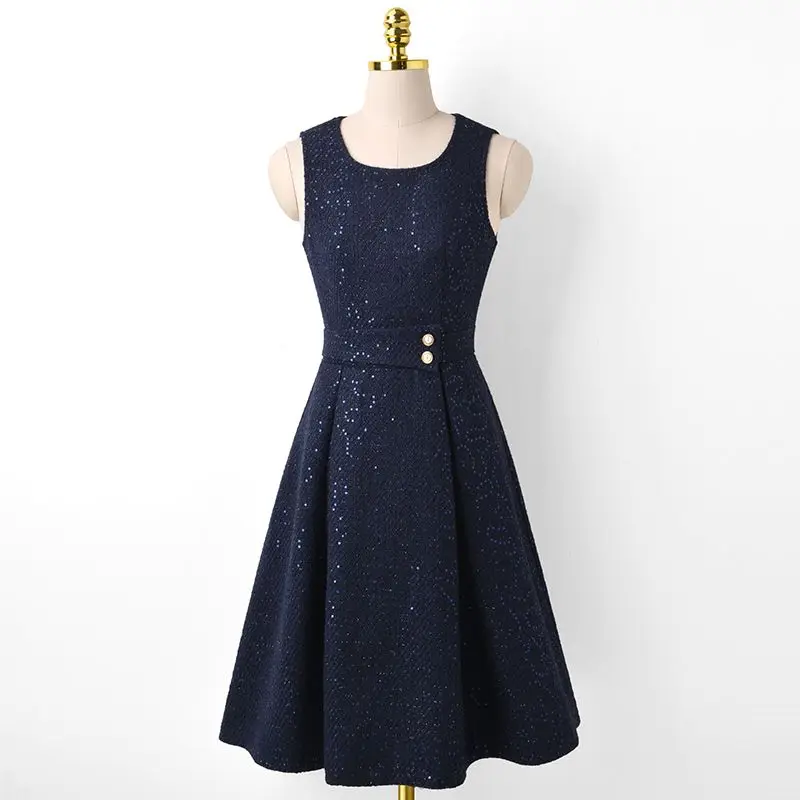 Autumn Winter New Small Fragrant Style Woolen Dress Temperament Slim Sequin Sleeveless Vest Dresses Women Strap Suspenders Dress