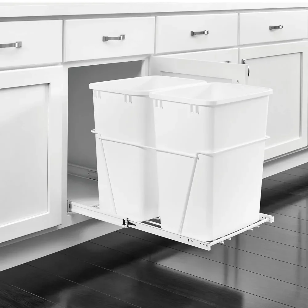 Double Pullout 35 Qt Sliding Waste Bin Trash Container for Base Kitchen Cabinet, Wire Frame with Ball Bearings, White