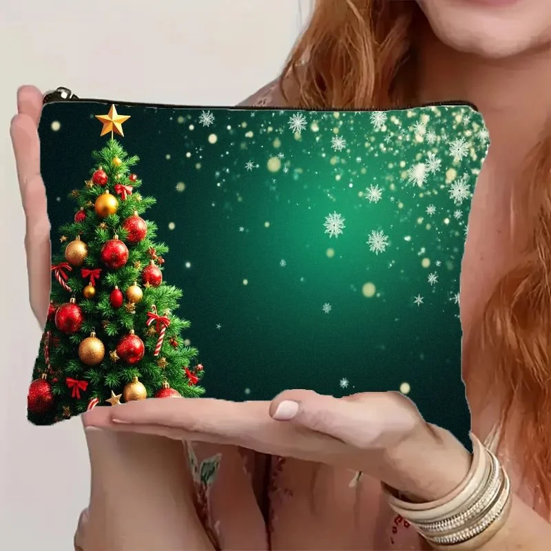 1PCS Christmas Cosmetic Bag, Green Tree Star Ornament Snowflake Zipper Pouch, Cute Holiday Travel Toiletry Organizer