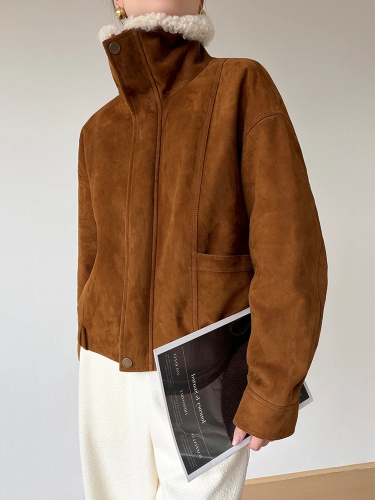 Krótkie kurtki zimowe damskie z prawdziwej skóry vintage, zamszowe, wysokiej jakości, proste, z naturalnym kołnierzem z wełny jagnięcej, prawdziwa skóra kozia, płaszcz z puchem gęsim.