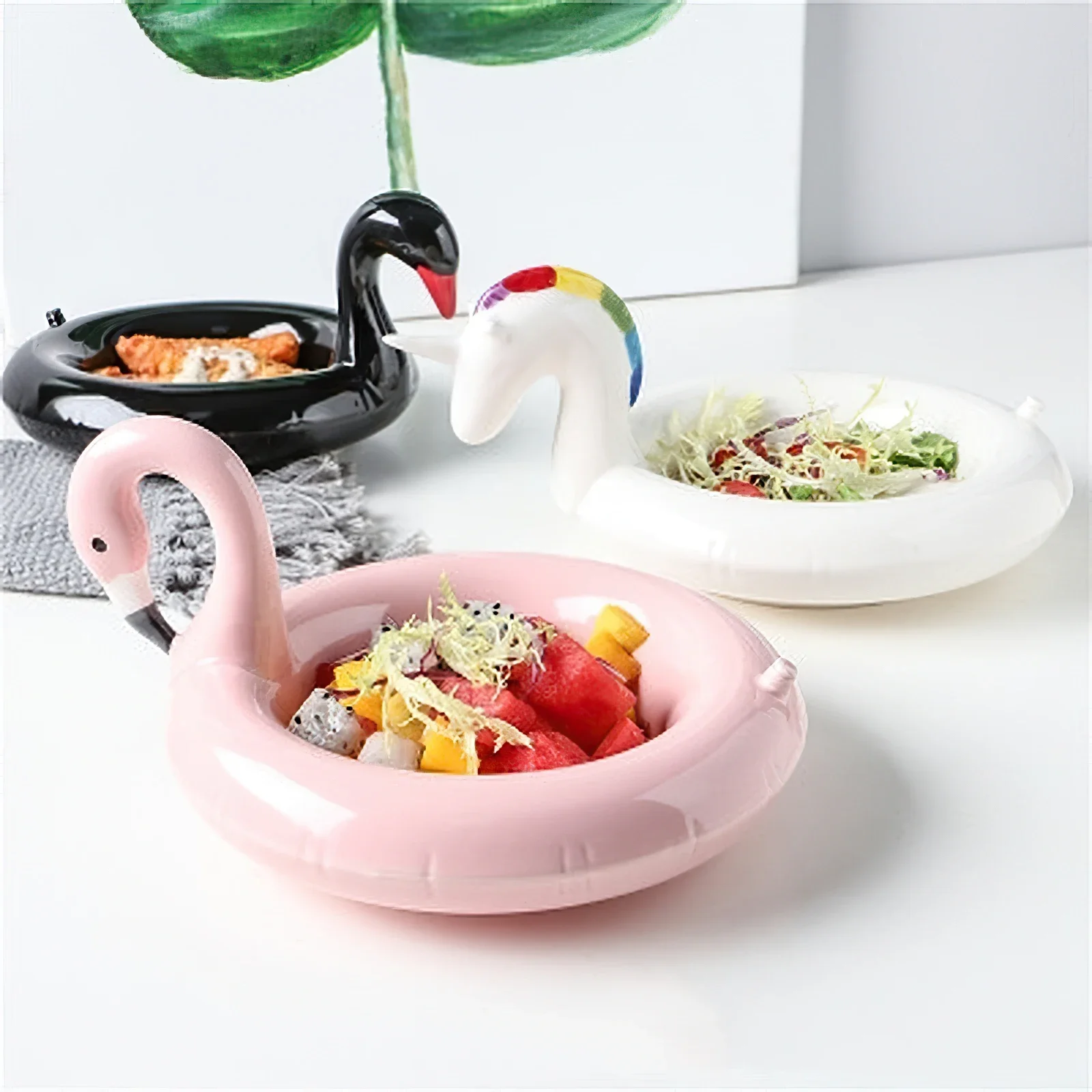 Ceramic Plate Pink Round Flamingo Snack Bowl Swan Unicorn Snack  Dish Dessert  Salad  Supplies Tableware