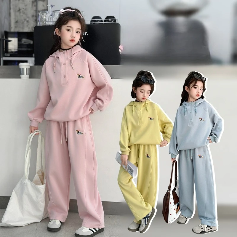 

autumn teen girls tracksuit clothes set Embroidered cartoon dog Hoodie+Straight pants 2pcs junior kid sport set child outfits 14