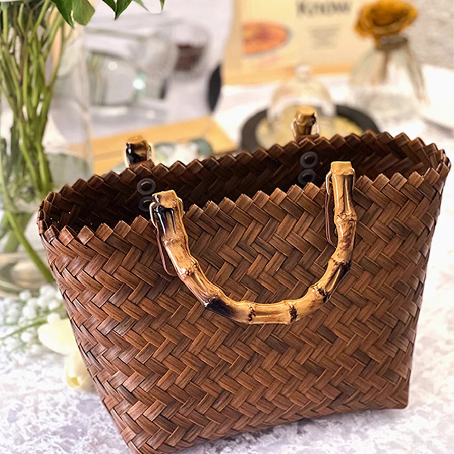 Summer New Large Capacity Rattan Handbag Female Beach Bamboo Straw Bag Retro Hand-Woven Totes Bag Holiday Travel Bolsa Femme Sac