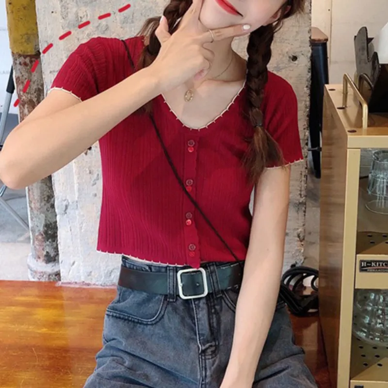 V Neck Patchwork Women Short Sleeve Knitted Crop Top Casual T-Shirt Top T Shirt