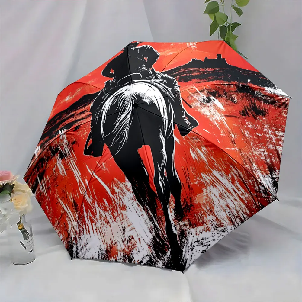 1PC Western Rider Design Umbrella Adds Rustic Charm Print 8 Iron Ribs Folding Umbrella Auto-Open Fashion Sunshade
