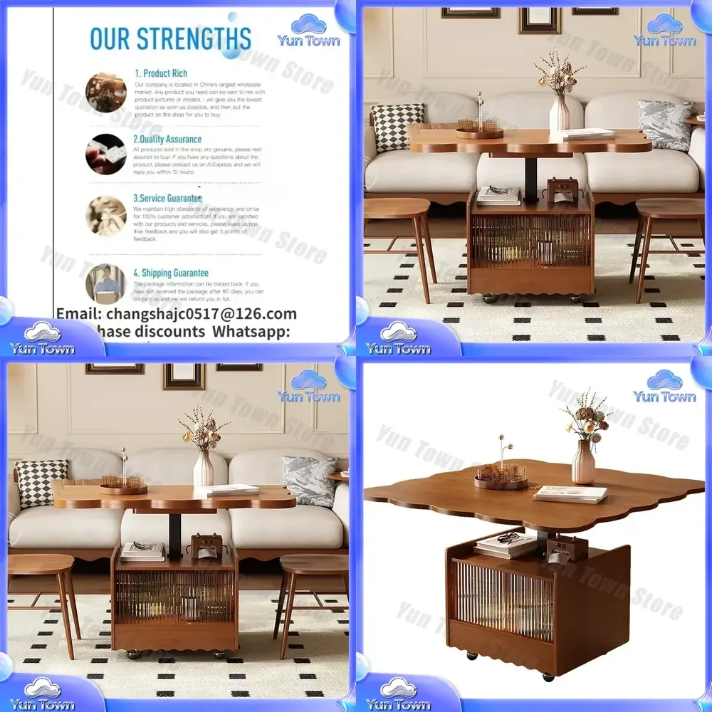 Solid Wood Folding Lifting Coffee Table for Small Apartment Living Room Dining Table Dual Purpose Movable Side Table Retro