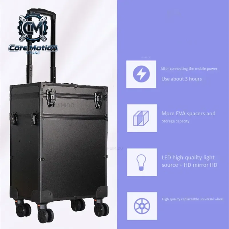 Aluminum Frame PVC Cosmetic Bag Mirror LED Light Trolley Beauty Case Makeup Artist Nail Tattoo Toolbox Contact Suitcase Travel