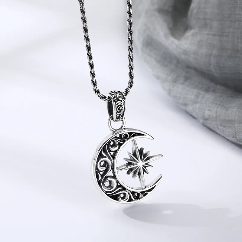 925 Sterling Silver Moon Pendant Necklace for Men, Modern Lunar Charm Jewelry Gift