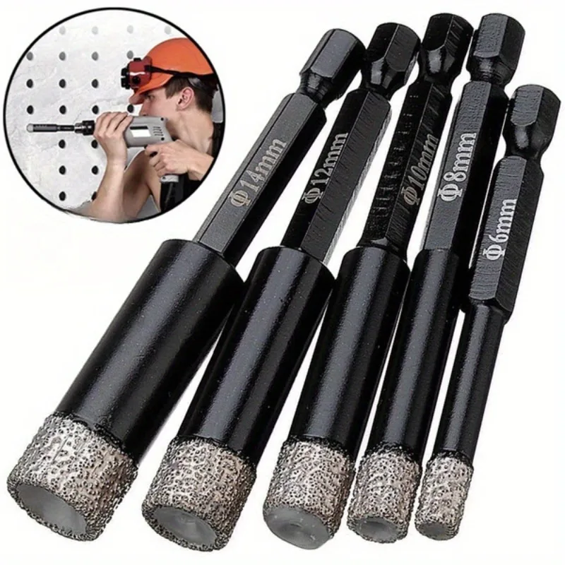 Set of 5 Hex Shank Brazed Dry Diamond Drill Bits for Ceramic Tile, Marble, Granite, and Vitrified Stone - 5-6-8-10-12mm Shanks