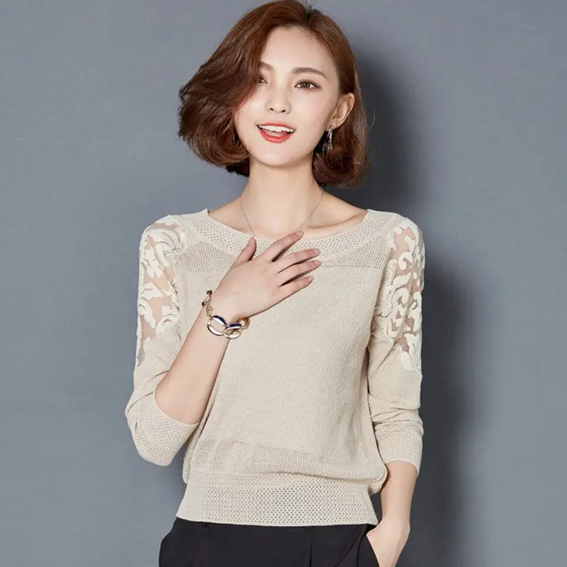 

O-neck Hollow Out Net Yarn Knitting Pullovers Women Spring Elegant Temperament Knitwear Fashion All-match Trend Tops JJ40