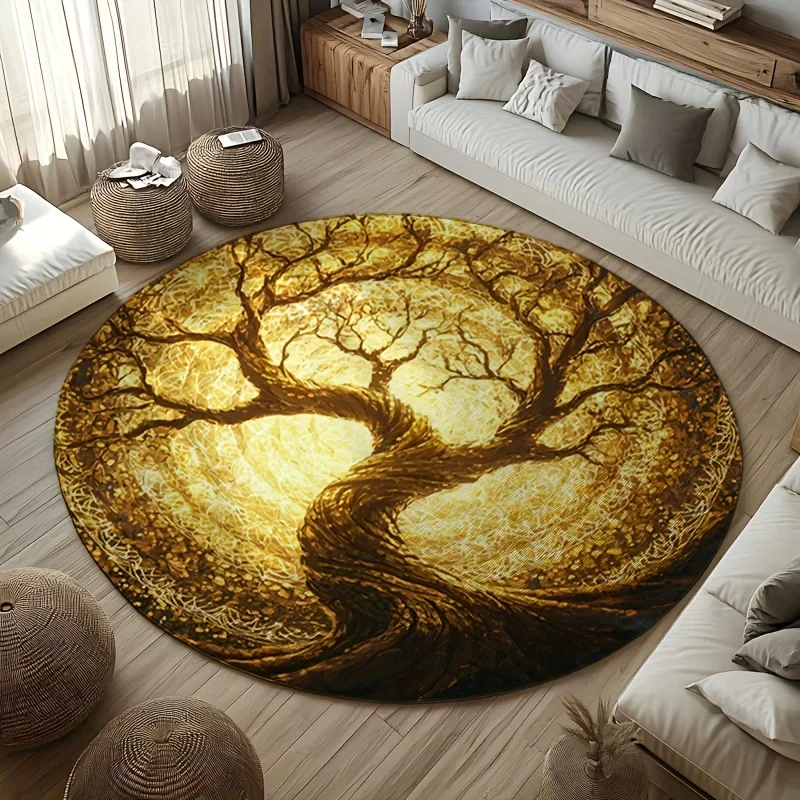 Golden Tree Of Life Round Rug Flannel Printed Carpet Boho Design Home Decor Cozy Soft Floor Mat Living Room Indoor Use