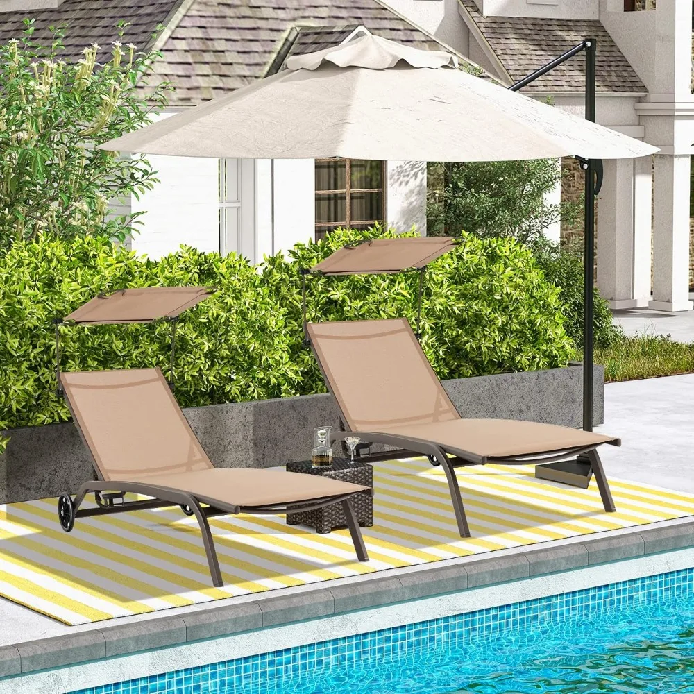 كرسي تسمير بمظلة قابلة للتعديل في الهواء الطلق مع عجلات وحامل أكواب، كرسي كرسي متنقل لمنطقة الفناء وحمام السباحة