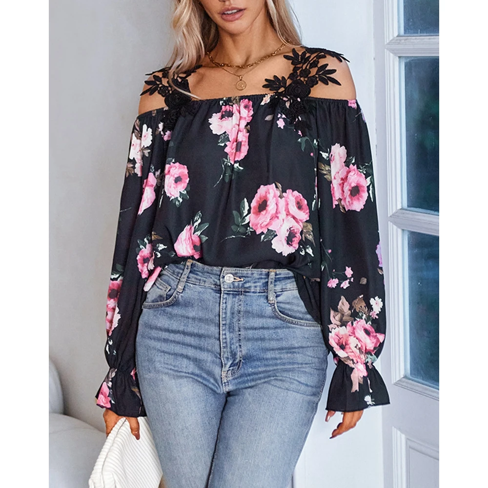 

Women Floral Print Lantern Sleeve Off Shoulder Blouse Femme Casual Sexy Floral Lace Strap Top Elegant Blouses for Women Fashion