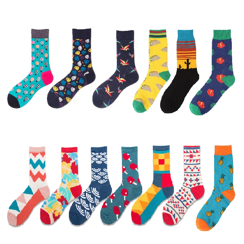 Men Women Couples Socks Happy British Style Fish Leaves Pingpong Zebra Crocodile Weave Personality Lovers Cotton Socks Wholesale