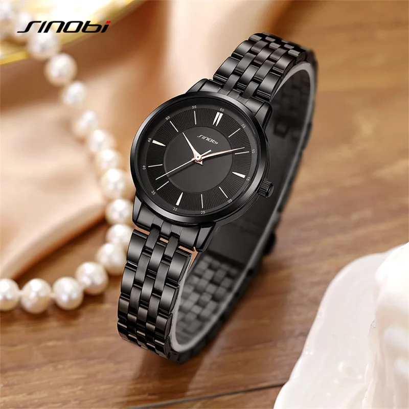 SINOBI Fashion Women\'s Watches Casual Stainless Steel Woman Quartz Wristwatches Elegant Dresses Best Clock for Female Waterproof