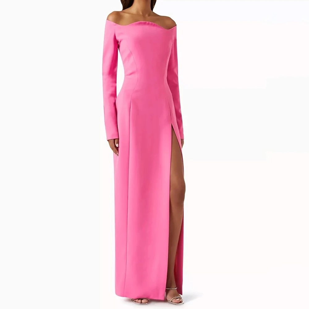 

Customized Straight Evening Dresses Ankle-length Off The Shoulder Full Sleeve Prom Gown Simple Fsahion Side-split Party Gown