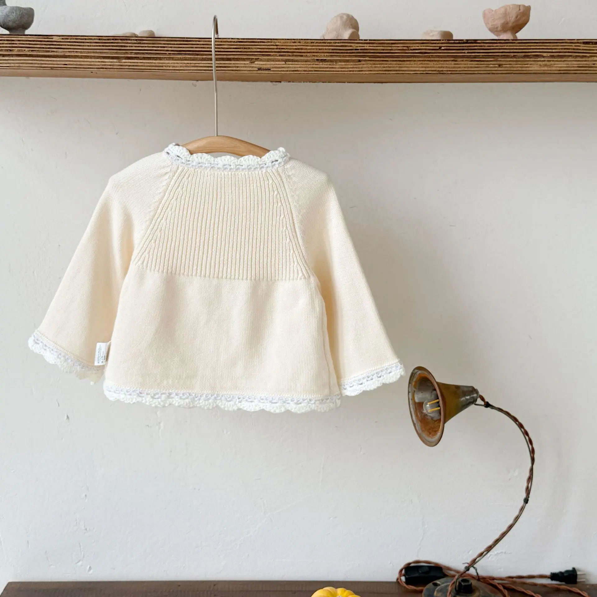 New Autumn/Winter Children's Girls' Pure Cotton Knit Sweater Crochet Trim Cardigan Loose Long Sleeve Coat