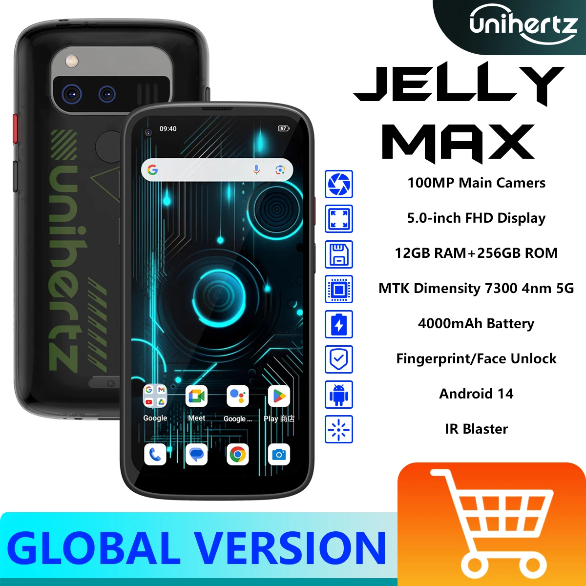 Мини-смартфон Unihertz Jelly Max, 5G, Android 14,12 ГБ, 256 ГБ, плотность 7300, 5-дюймовый экран, ИК-бластер, 4000 мАч, камера, 00 МП, NFC