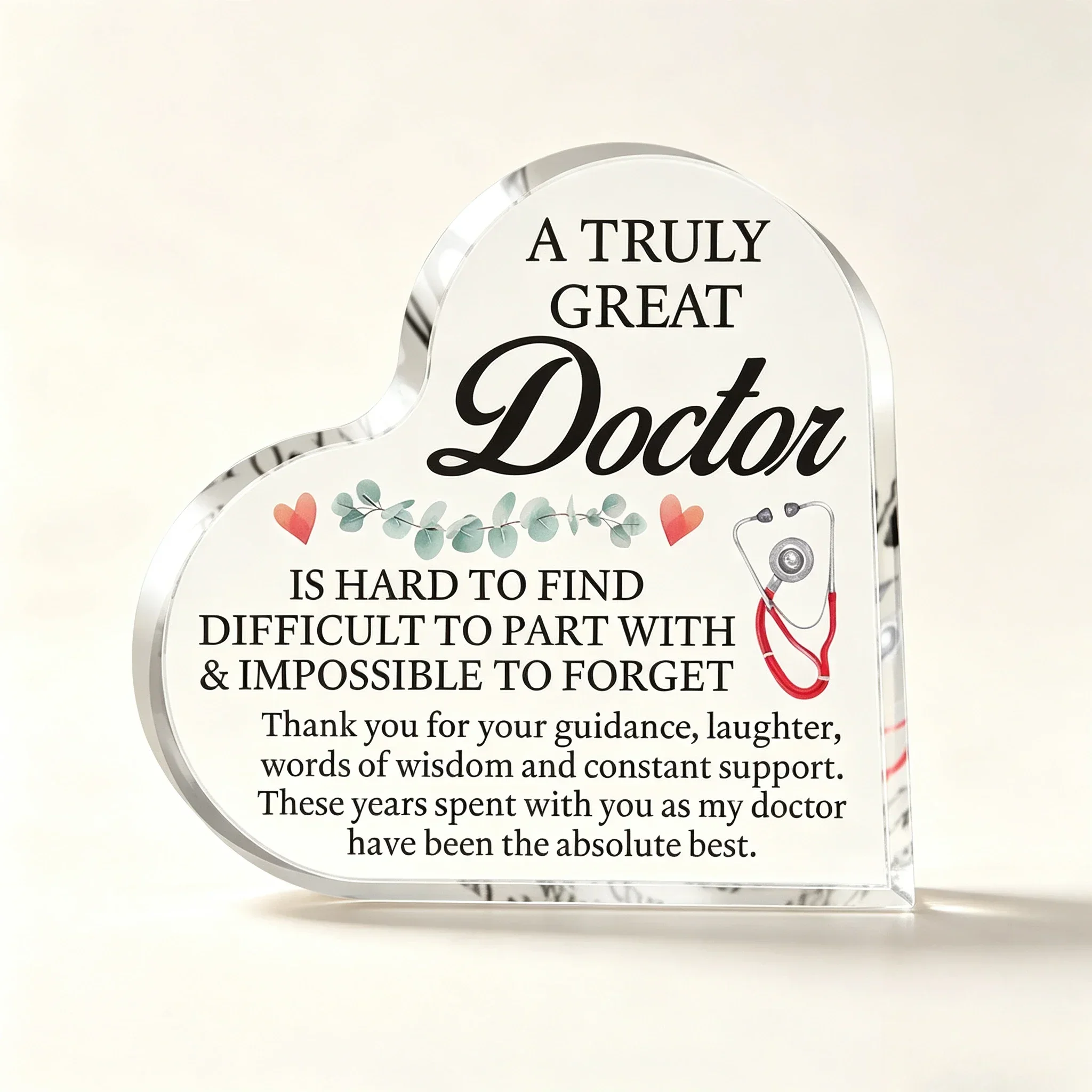 Heart Shaped Acrylic Plaque for Doctor Appreciation Eucalyptus Stethoscope Thank You Desk Decor Gift
