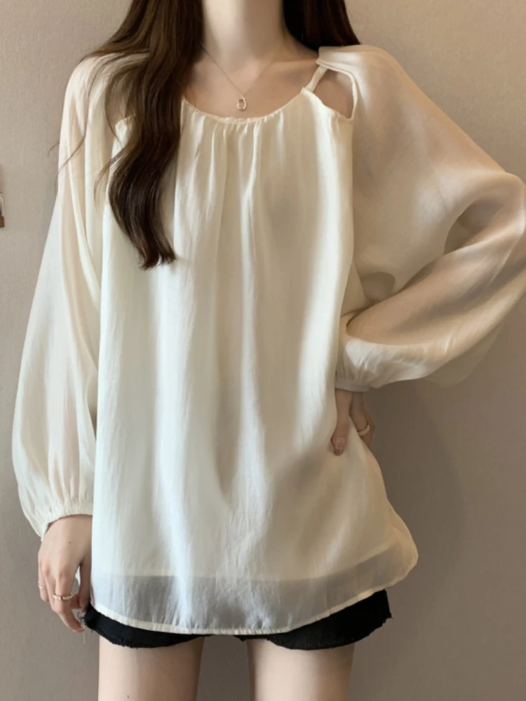 Beautiful Hollow out Chiffon Shirt Women's Base Layer Top plus Size Slimming Design Spring Autumn Korean Style round Neck Lon...