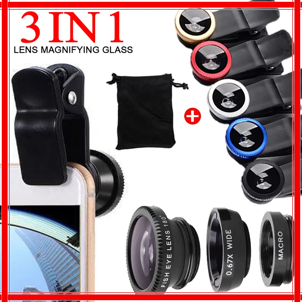 3in1 0.67X Universally Fish Eye Lens Wide Angle Zoom Fisheye Macro Lenses Camera Kits With Clip Lens For iPhone 16 Xiaomi Huawei