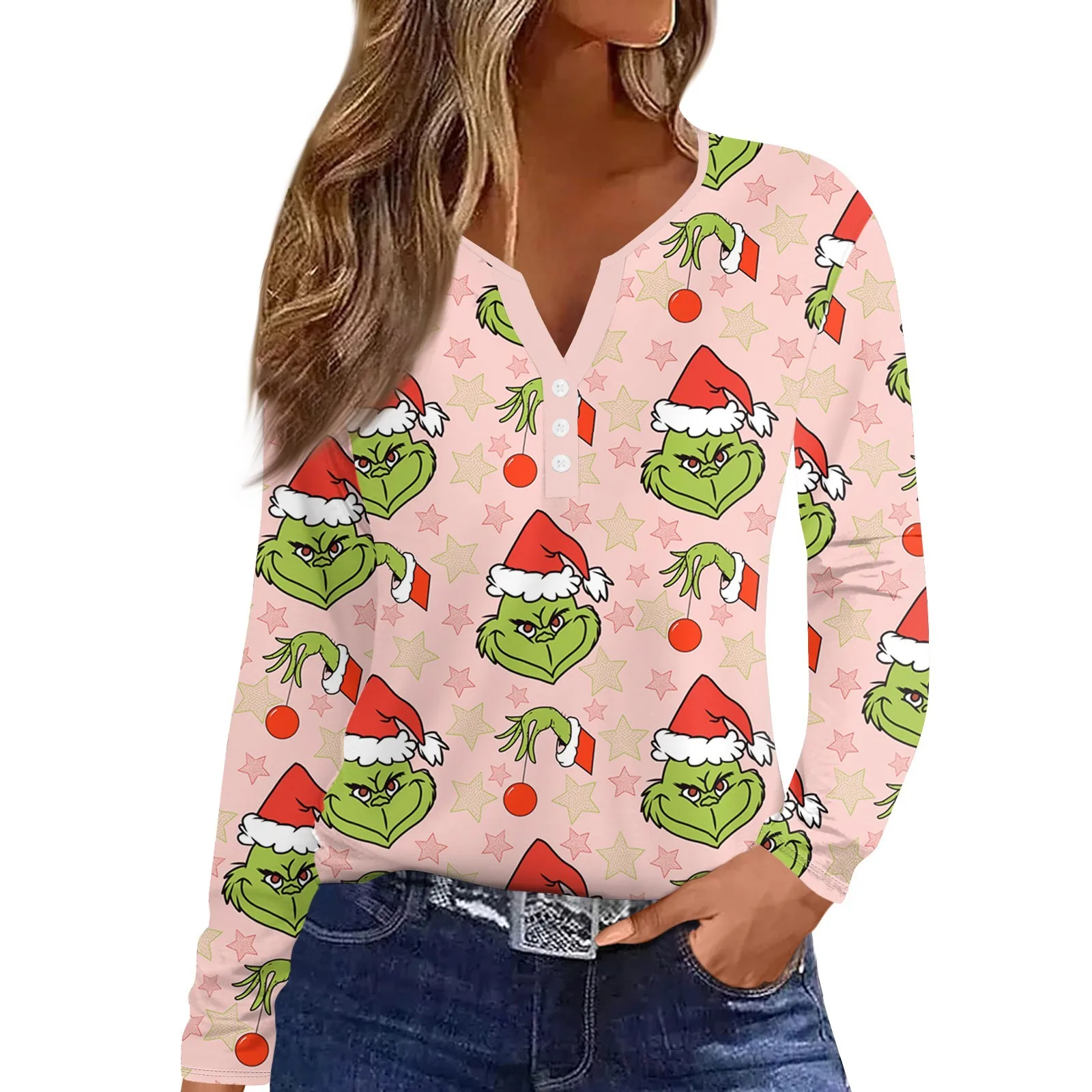 Women\'s Straight Shoulders Christmas Print Long Sleeve Straight Shoulders V-Neck Button T-Shirt Top