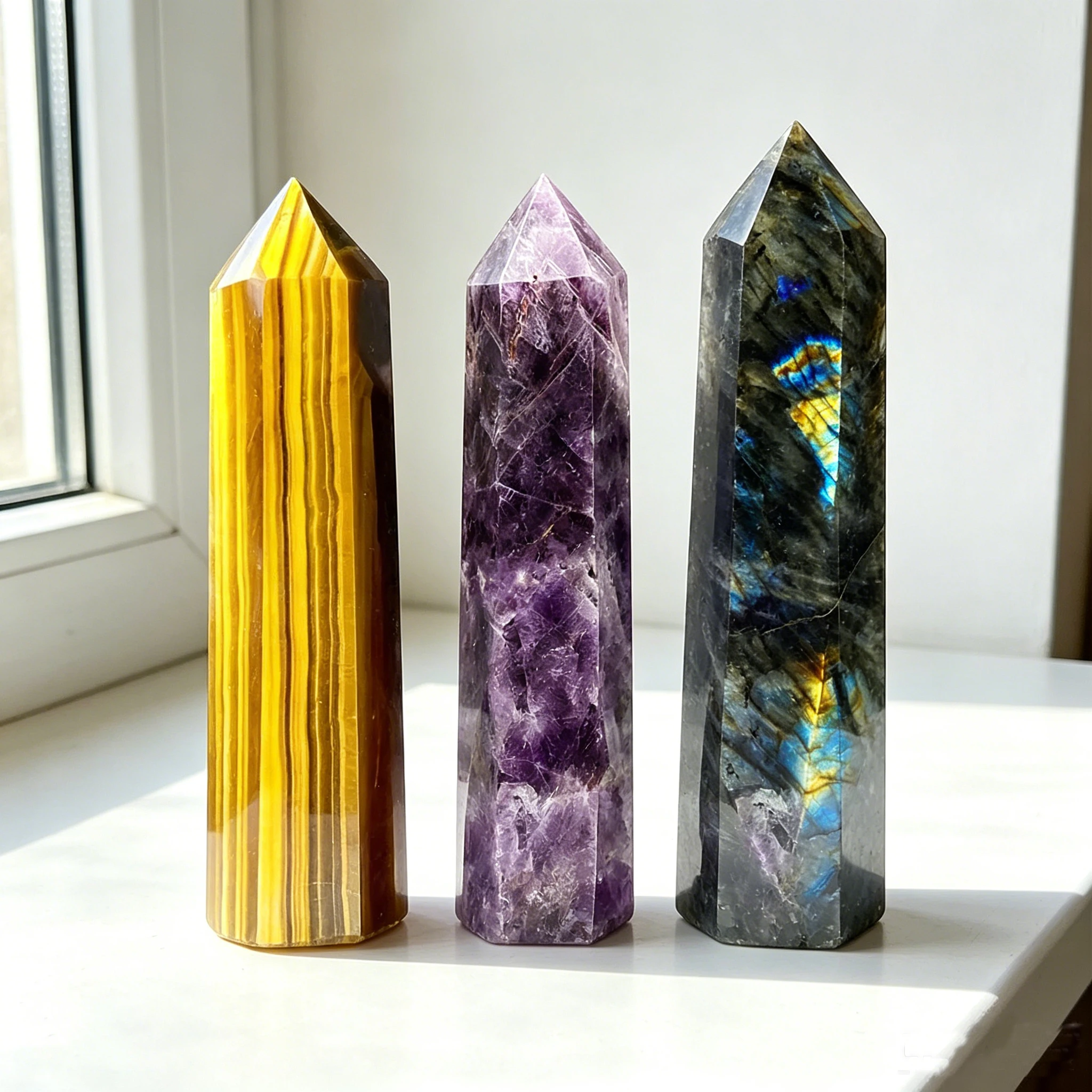 Amethyst Labradorite Tiger Eye Crystal Obelisk 3Pcs 6 Faceted Pillar 8-17cm Natural Aurora Flash Chatoyant Dreamlike Hand Polished Home Decor Desk Ornament Office Decor Room Decor Bedroom Decor Table Centerpiece Xmas Gift Set