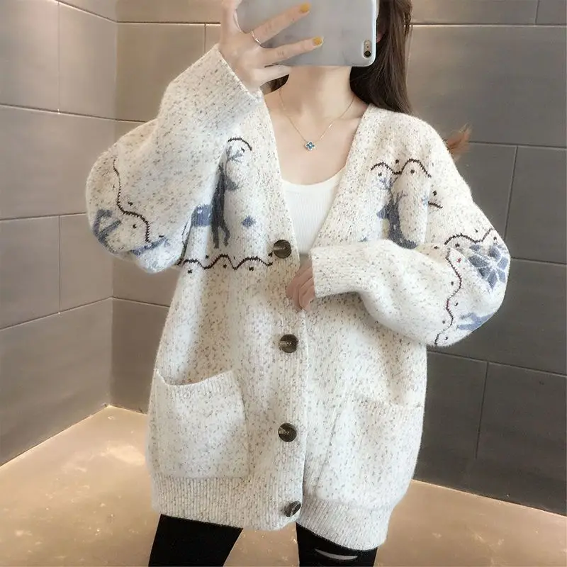 سترة سميكة على شكل حرف v لملابس خارجية ، معطف ضيق متماسكة ، طبعة كورية ، تركيب فضفاض ، موضة غير رسمية ، جديدة ، 2023 ، الخريف والشتاء #6