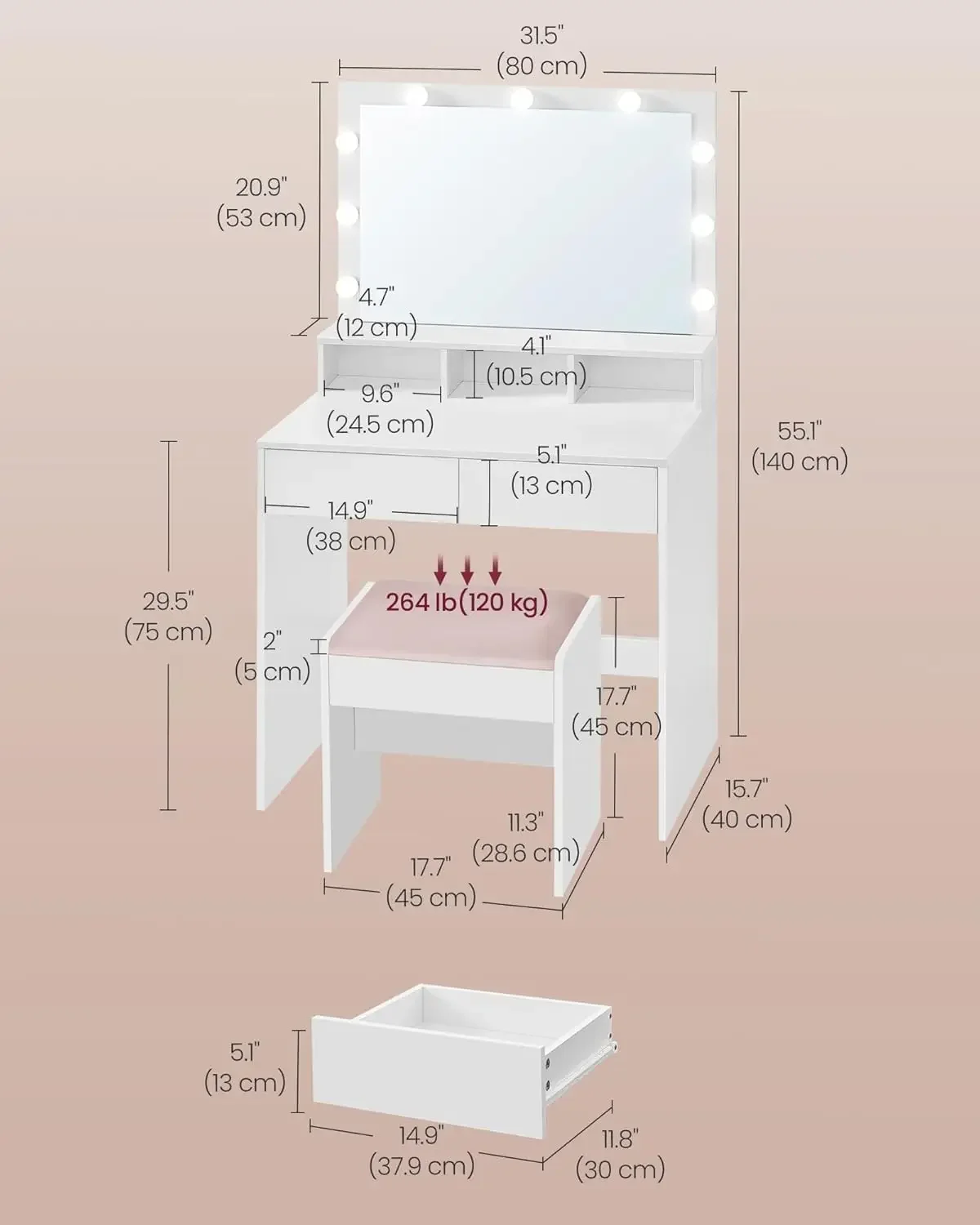 Vanity Desk con specchio e luci, Vanity per trucco con sgabello imbottito, 9 luci LED dimmerabili, 3 scomparti