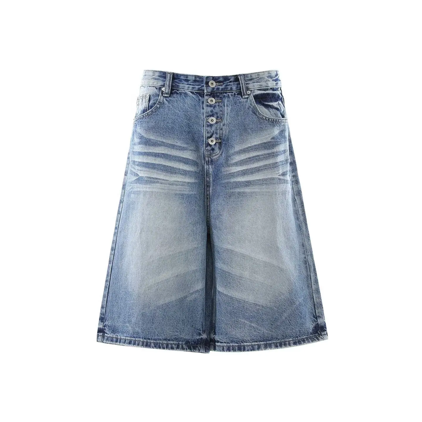 

American Washed Light Blue Cropped Men's Women's Denim Shorts Summer High Waisted Loose Straight Wide Leg Knee Length Jeans 2026